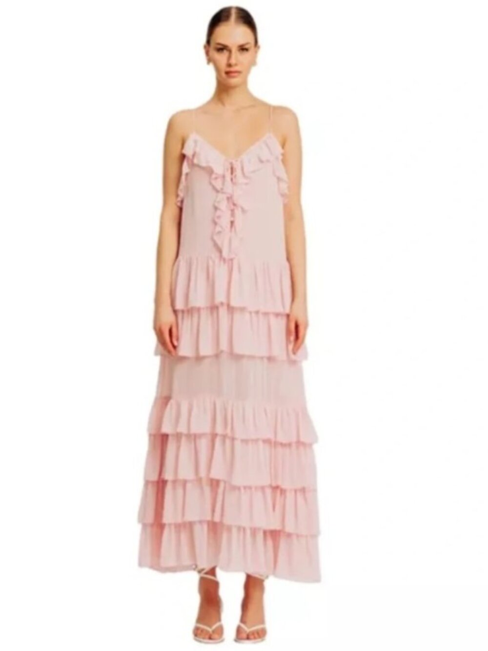 NWT Torn by Ronny Kobo Pink Ruffled Tiered Maxi Dress Size S